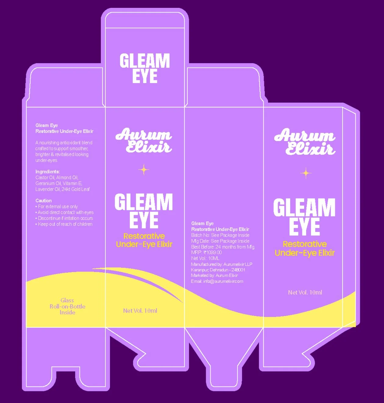 Rebrand: the flat carton for Gleam Eye in lilac with a yellow wave, the script wordmark, a small gold sparkle and GLEAM EYE in bold white capitals