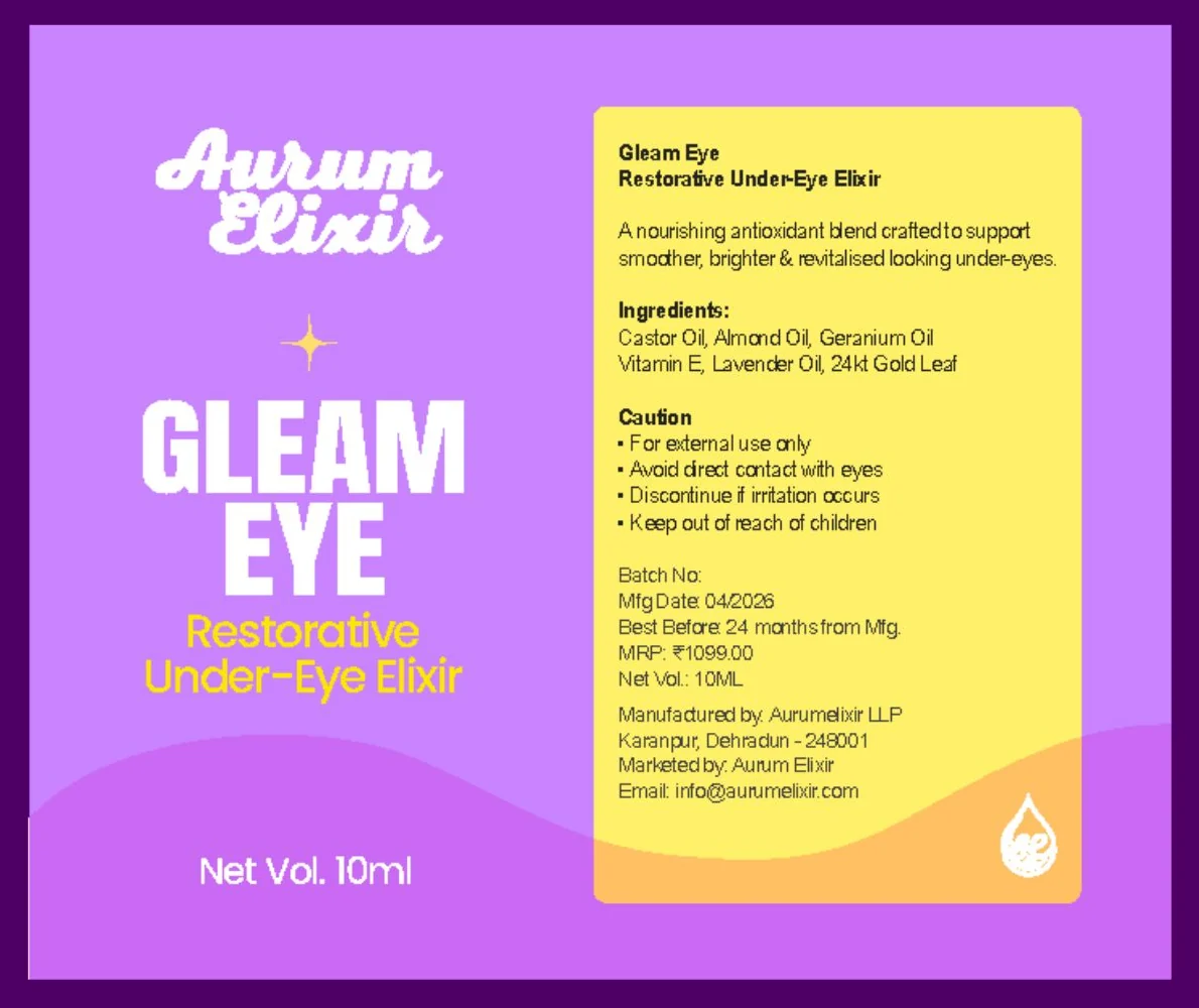 Rebrand: the Gleam Eye label, a lilac panel with the script wordmark, a sparkle and GLEAM EYE, beside a yellow panel of ingredients and details