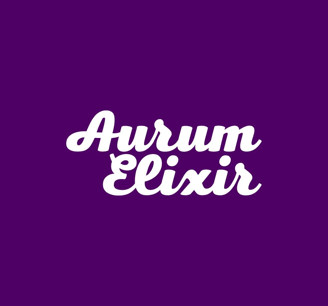 The rebranded Aurum Elixir wordmark: a flowing white script on two lines, on deep purple