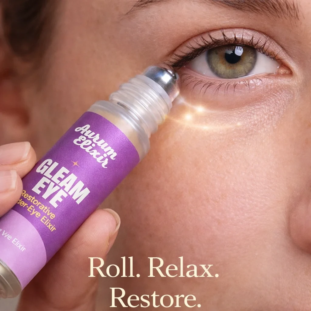 A Gleam Eye roll-on held beneath an eye, its purple label with the Aurum Elixir script and GLEAM EYE facing the camera