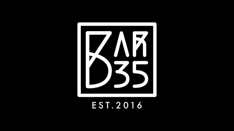 The Bar 35 logo in white on black: BAR and 35 drawn in thin angular lines inside a square frame, with EST. 2016 beneath