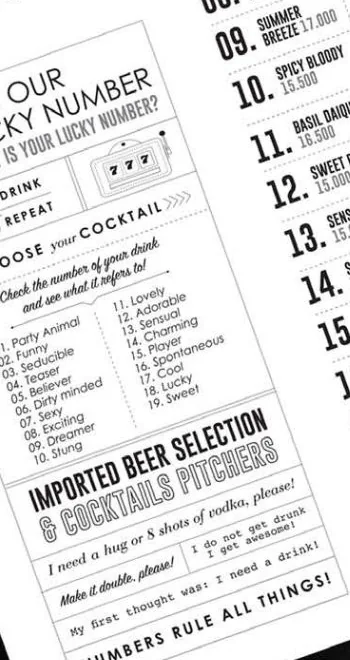The lucky-number panel on the Bar 35 menu: 35 is our lucky number, what’s your lucky number, and a list matching numbers to words