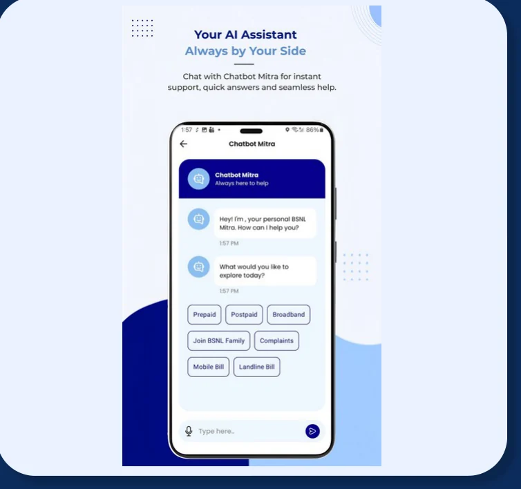 A card presenting Chatbot Mitra: a phone chat offering prepaid, postpaid, broadband, complaints and bill options