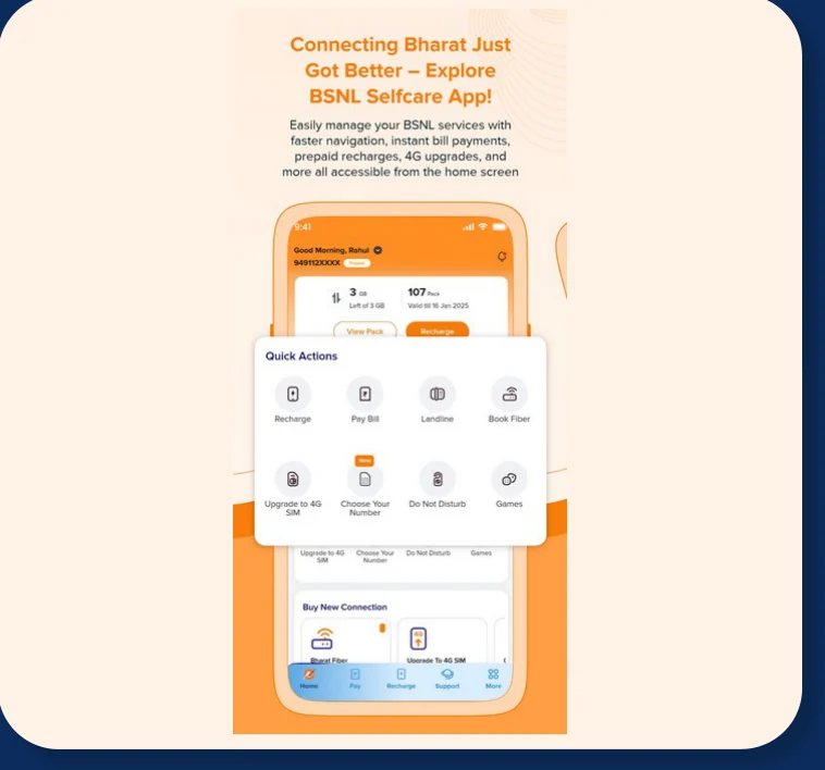 A card presenting the BSNL Selfcare app: a phone showing quick actions for recharge, bill payment, landline, fibre and a new connection