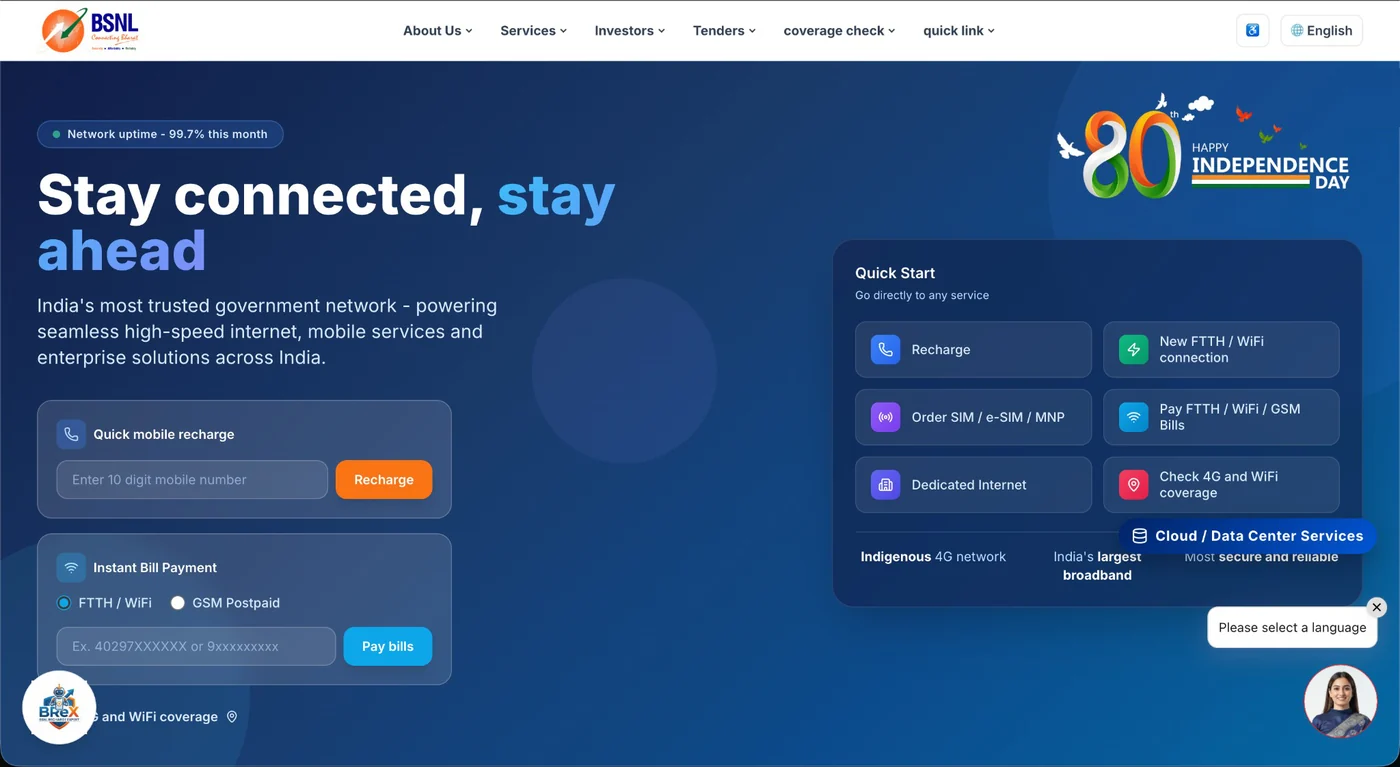 The BSNL web experience: Stay connected, stay ahead, with quick mobile recharge, instant bill payment and a Quick Start panel of services