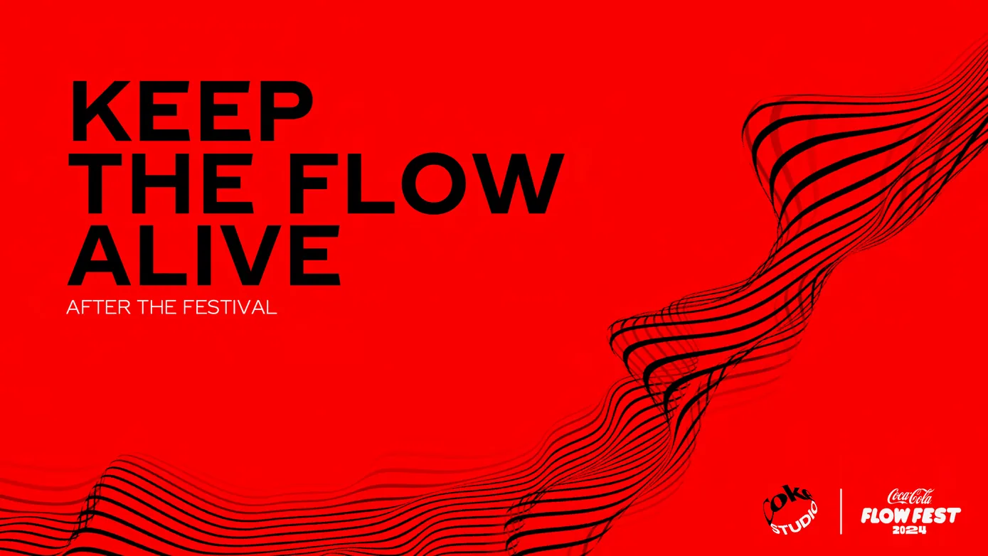 A Flow Fest execution reading Keep the Flow Alive, after the festival, in black on red with the flowing line pattern and the lockup