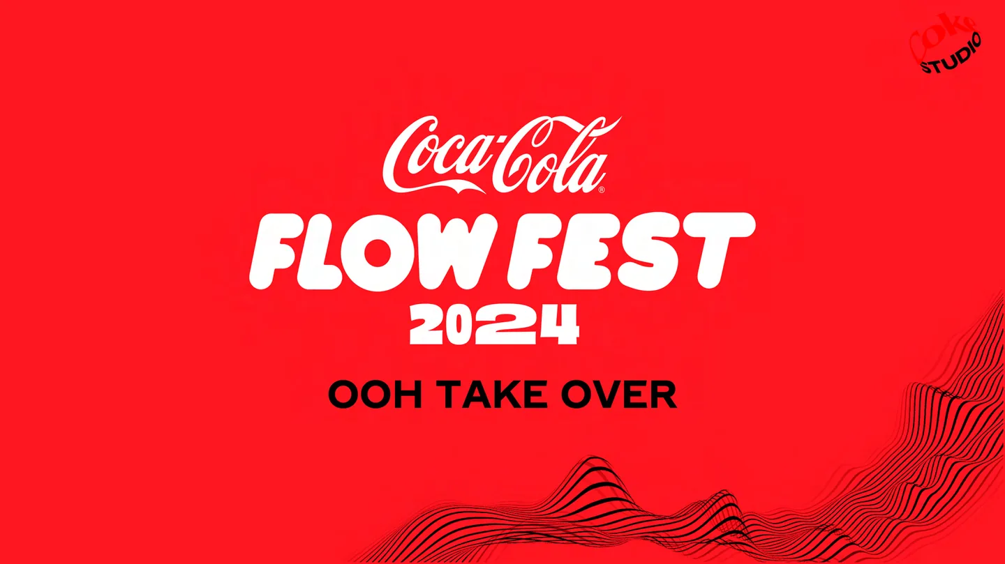 The Coca-Cola Flow Fest 2024 lockup in white on red, above black flowing lines, labelled in the credentials as the OOH take-over