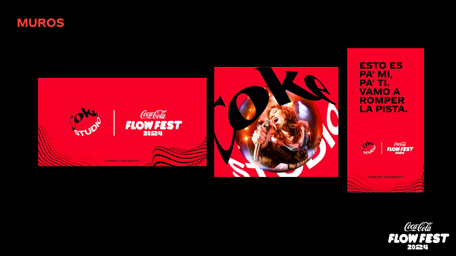 Flow Fest wall placements: the Coke Studio and Flow Fest key visual, a performer inside the Coke Studio roundel, and a Spanish-language poster