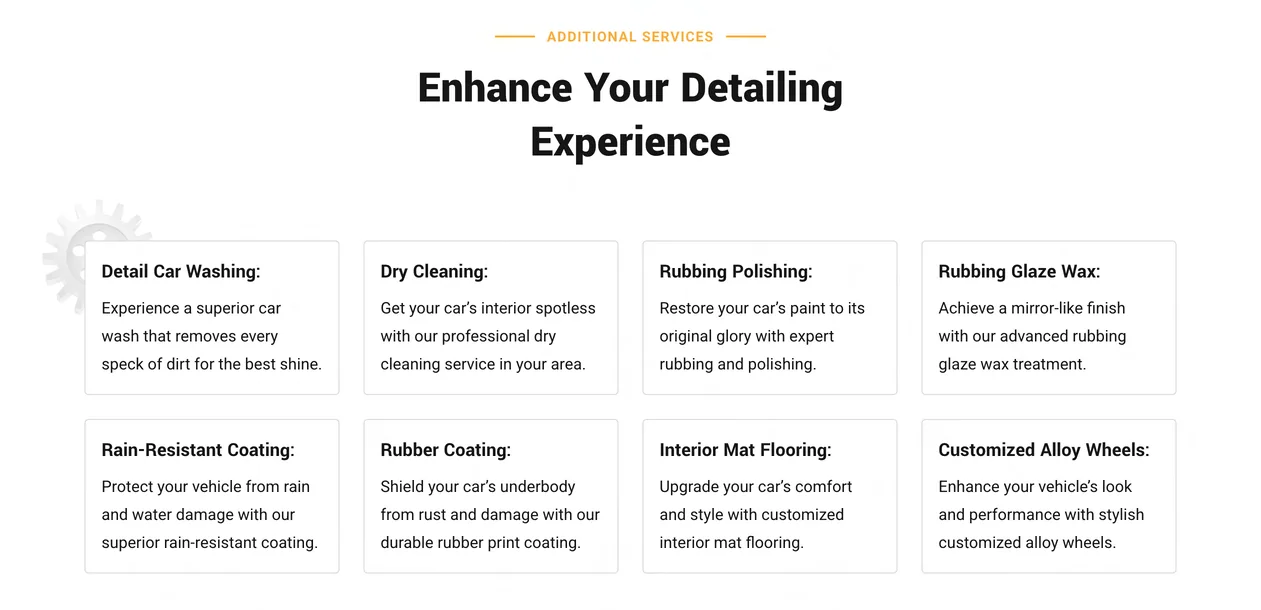 Detail Driven add-on services grid headed Enhance Your Detailing Experience, eight treatments from detail car washing to customised alloy wheels