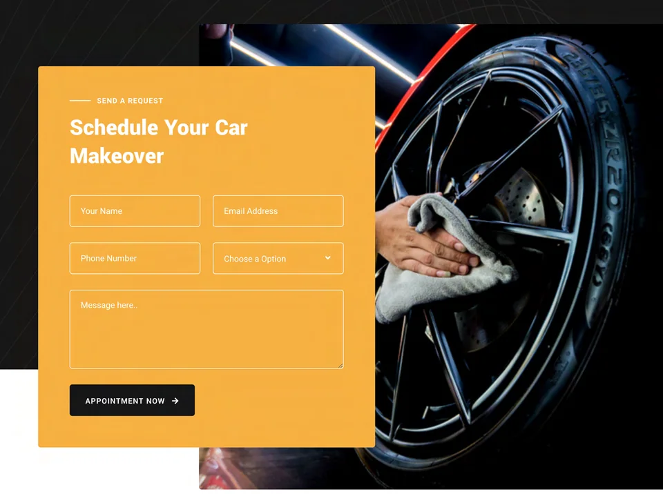 Detail Driven booking form headed Schedule Your Car Makeover, with name, email, phone, service and message fields and an Appointment Now button