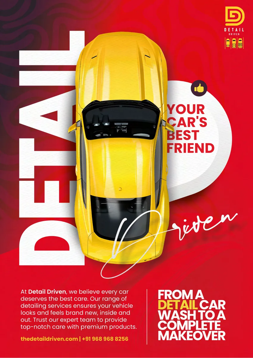 Detail Driven brochure cover: DETAIL in large white letters on red, a yellow sports car and the line Your car’s best friend