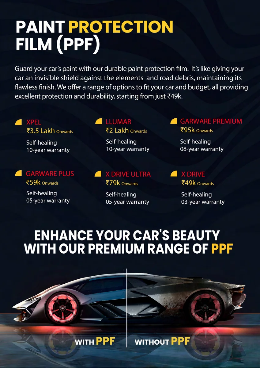 Detail Driven brochure page on paint protection film, with PPF options laid out in a grid on black and a car photo below