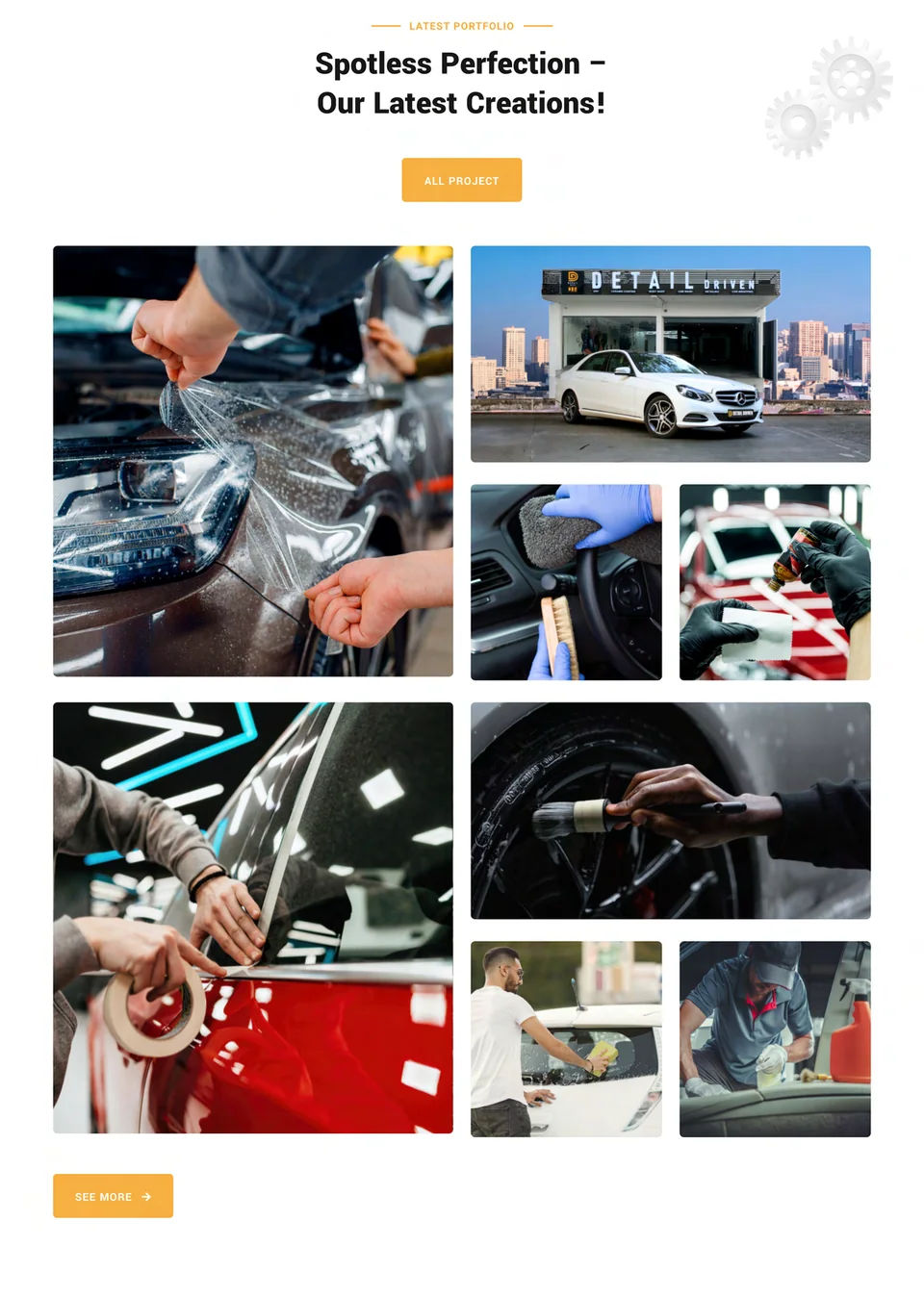 Detail Driven gallery section headed Spotless Perfection, Our Latest Creations, with photos of cars being detailed, polished and wrapped