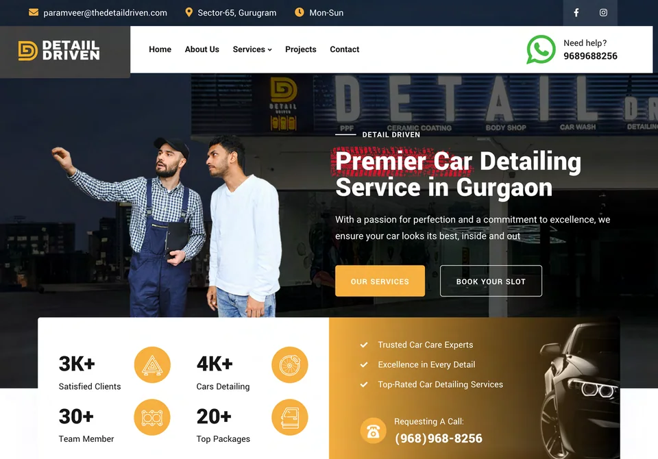 Detail Driven website home page: Premier Car Detailing Service in Gurgaon, with Our Services and Book Your Slot buttons over a photo of the team