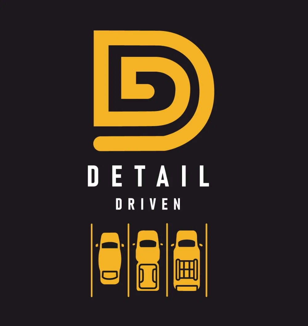 The Detail Driven logo: a gold D monogram above DETAIL DRIVEN lettering and three small car icons, on black