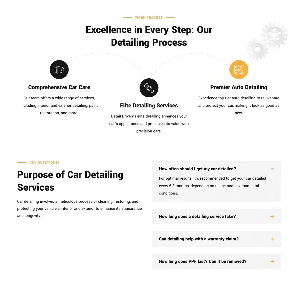 Detail Driven process and questions: three detailing steps with icons, then a list of common car-detailing questions