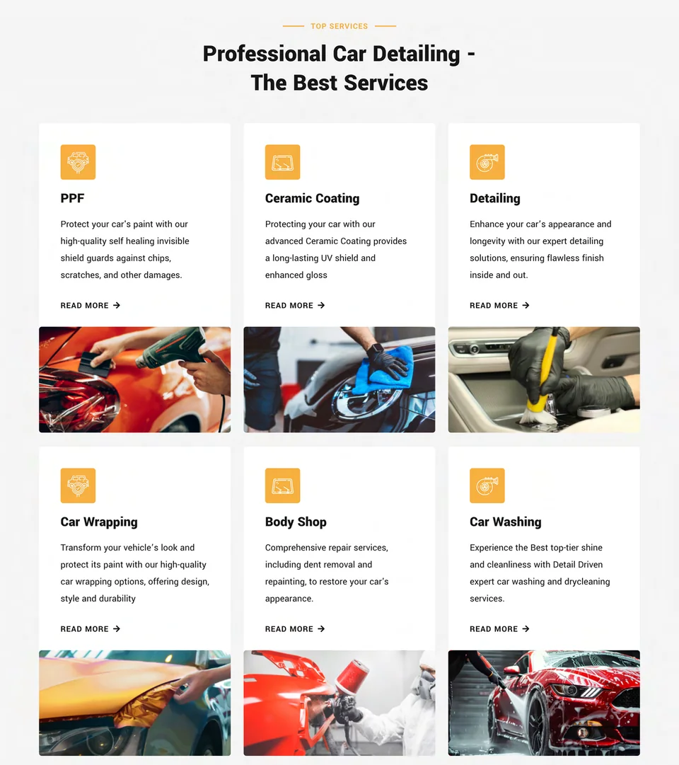 Detail Driven services section: Professional Car Detailing, six service cards with photos for PPF, ceramic coating, detailing, wrapping, body shop and washing