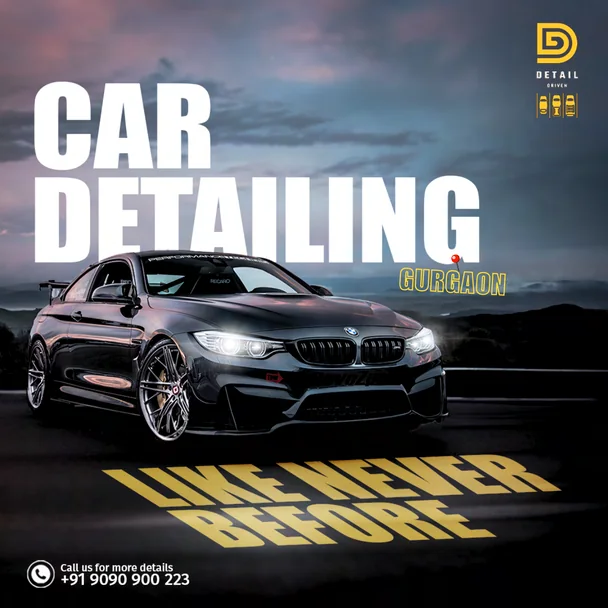 Detail Driven social post: Car detailing like never before, in bold yellow type over a dark car