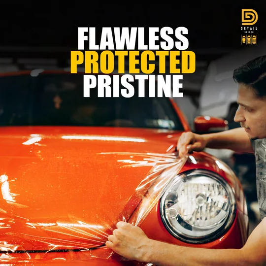 Detail Driven social post: Flawless, protected, pristine, over a close-up of a red car being wrapped
