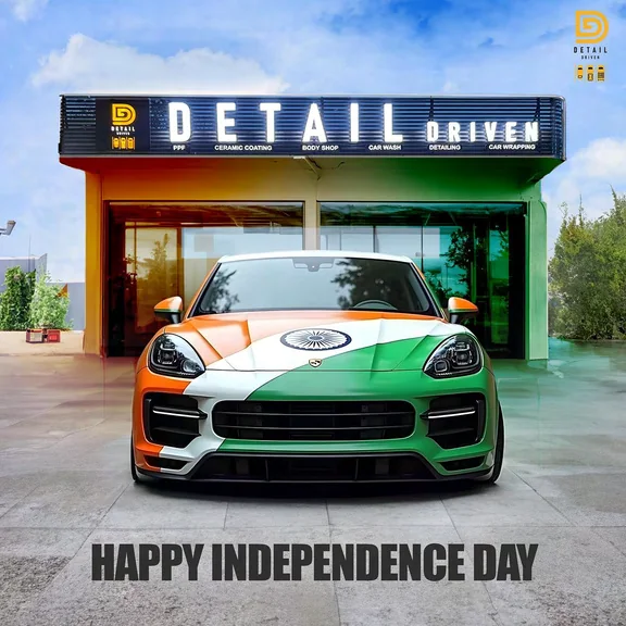 Detail Driven social post for Independence Day: a car wrapped in the colours of the Indian flag outside the Detail Driven studio