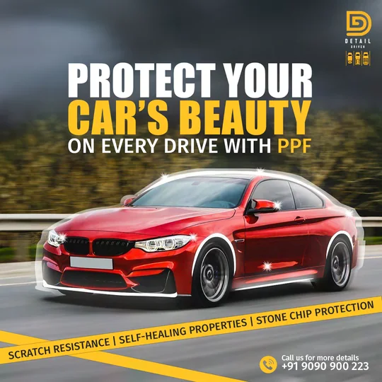 Detail Driven social post: Protect your car’s beauty on every drive with PPF, over a red car on a road