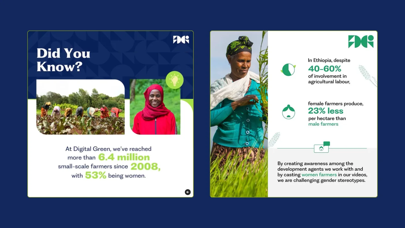 Two Digital Green campaign posts on navy: a Did You Know? post about the farmers it has reached, and a post about women farmers in Ethiopia