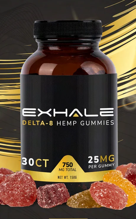 Close view of an Exhale jar label: the EXHALE wordmark, a product line in small yellow capitals, and a yellow panel at the foot for count and strength