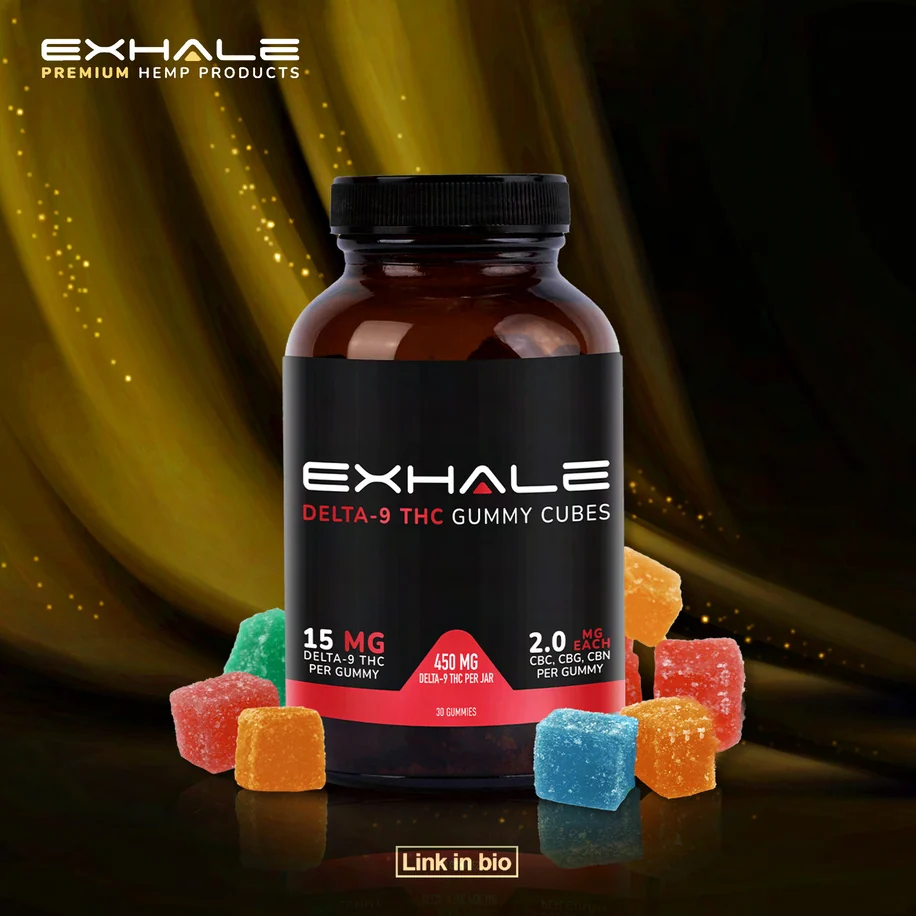 Exhale social post: an amber jar with the EXHALE label and a red band, surrounded by coloured gummy cubes