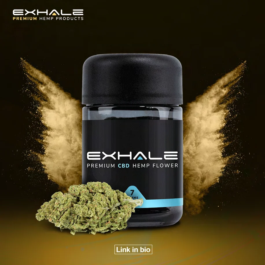 Exhale social post: a black jar with the EXHALE label and a cyan band, framed by pale smoke wings, on a golden ground