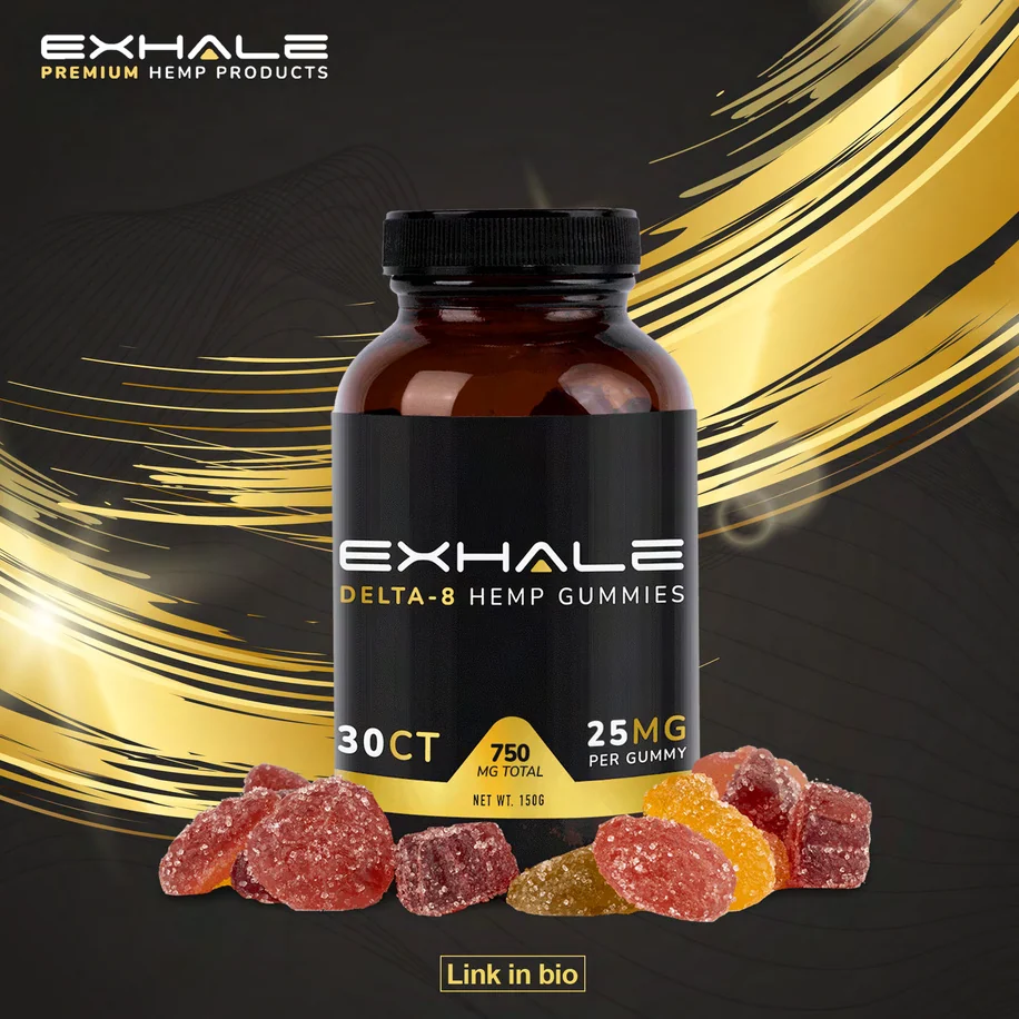 Exhale social post: an amber jar of gummies with the black EXHALE label and a yellow band, on black with sweeping gold light