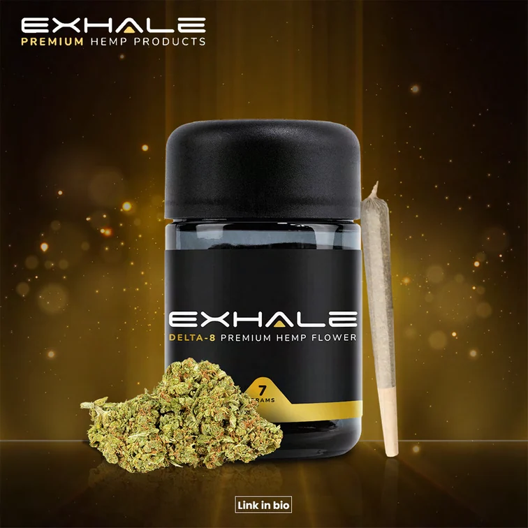 Exhale social post: a black jar with the EXHALE label and a yellow band, on a warm, softly lit gold ground