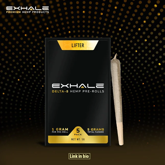 Exhale social post: a black pack with the EXHALE label and a yellow band, against a dotted gold arc