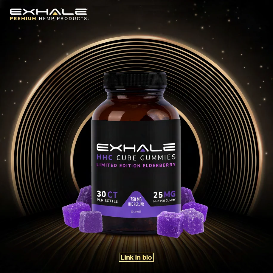 Exhale social post: an amber jar with the EXHALE label and a purple band, purple gummies at its base, inside glowing gold rings