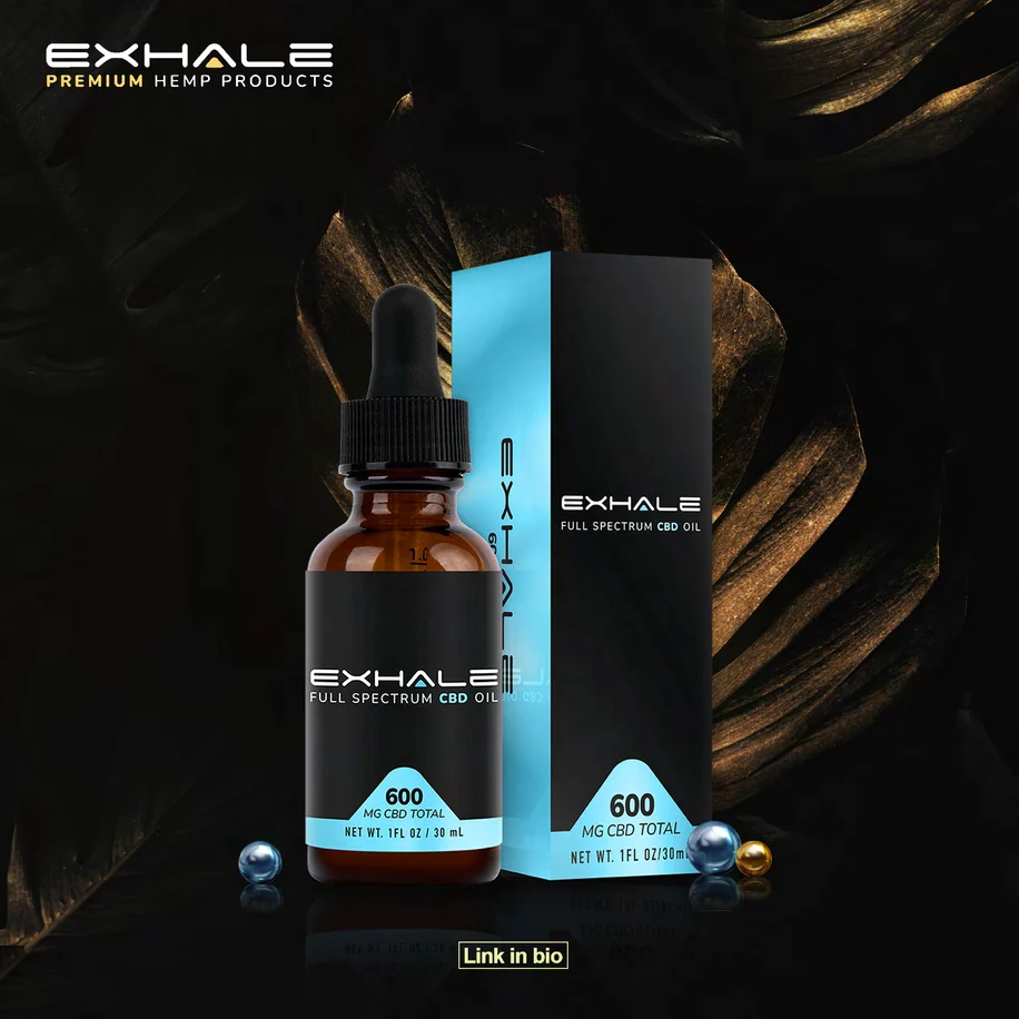Exhale social post: a dropper bottle and its box, both black with the EXHALE label and a cyan band