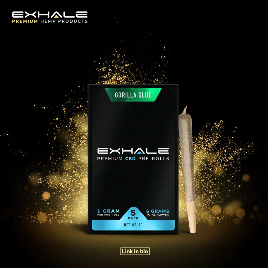Exhale social post: a black pre-roll pack with the EXHALE label and a green tab, in a cloud of gold dust