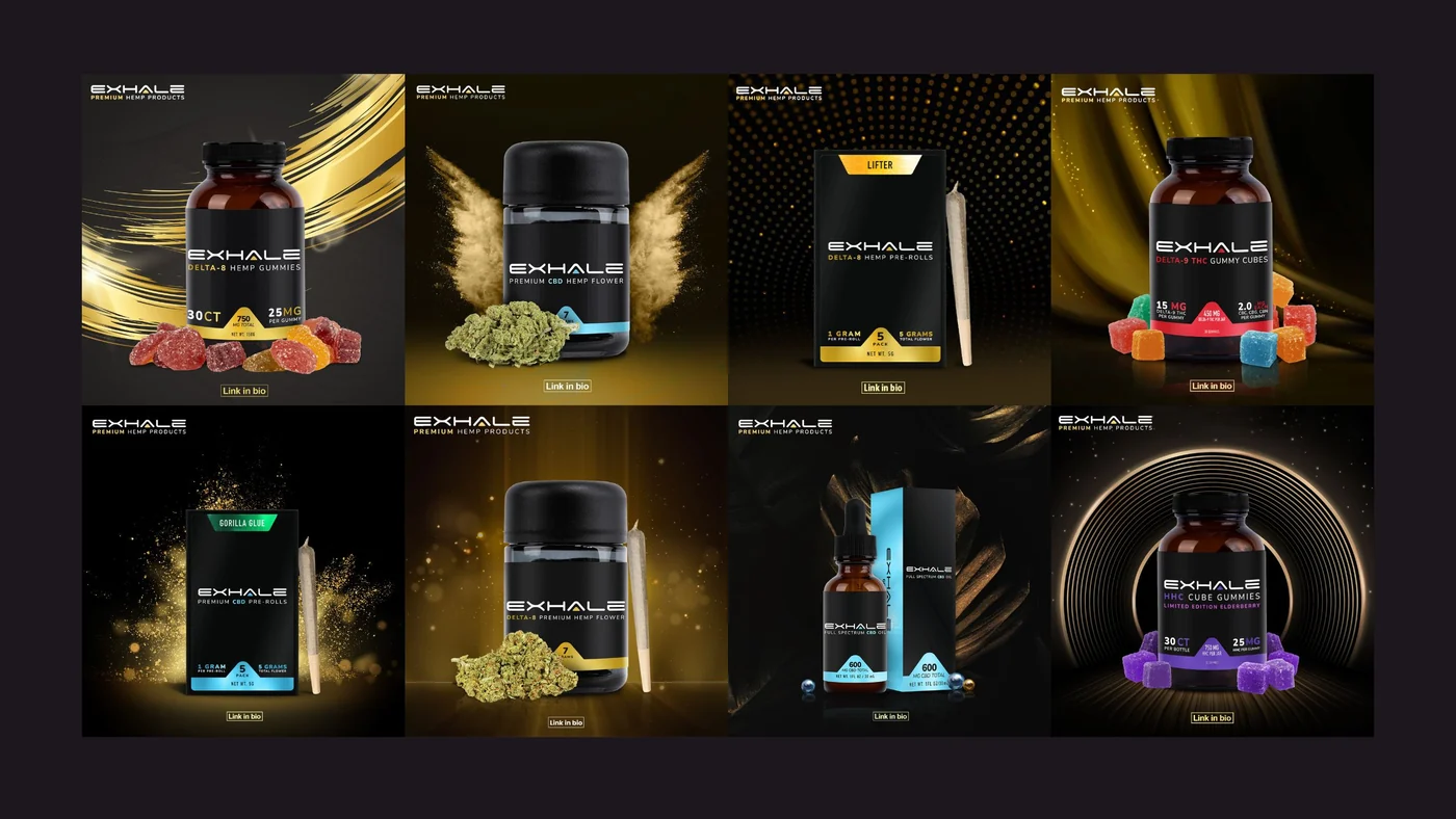 Eight Exhale product posts in a grid, each a black-labelled pack on a dark ground, with yellow, cyan, red and purple bands telling the lines apart