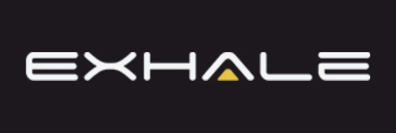 The EXHALE wordmark in wide white capitals on black, the A marked with a small yellow triangle