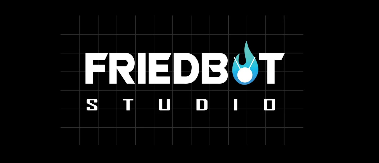 The FriedBot Studio logo drawn on its construction grid: the wordmark and the flame-and-node symbol aligned to a fine white grid on black