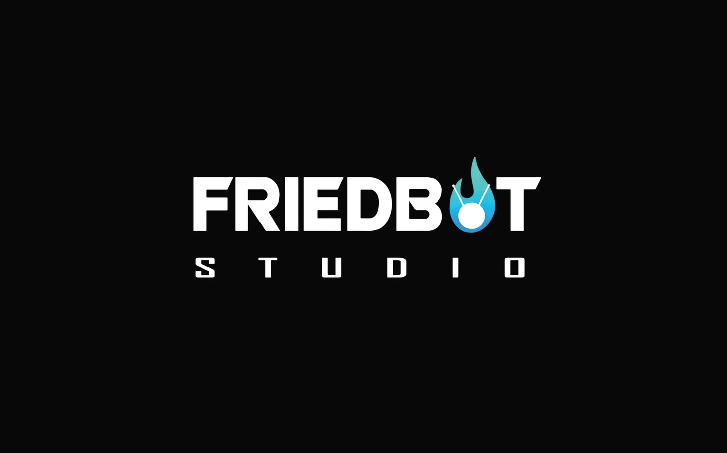 The FriedBot Studio logo designed by Branditify: FRIEDBOT in white geometric capitals on black, with a blue flame on a node in place of the O
