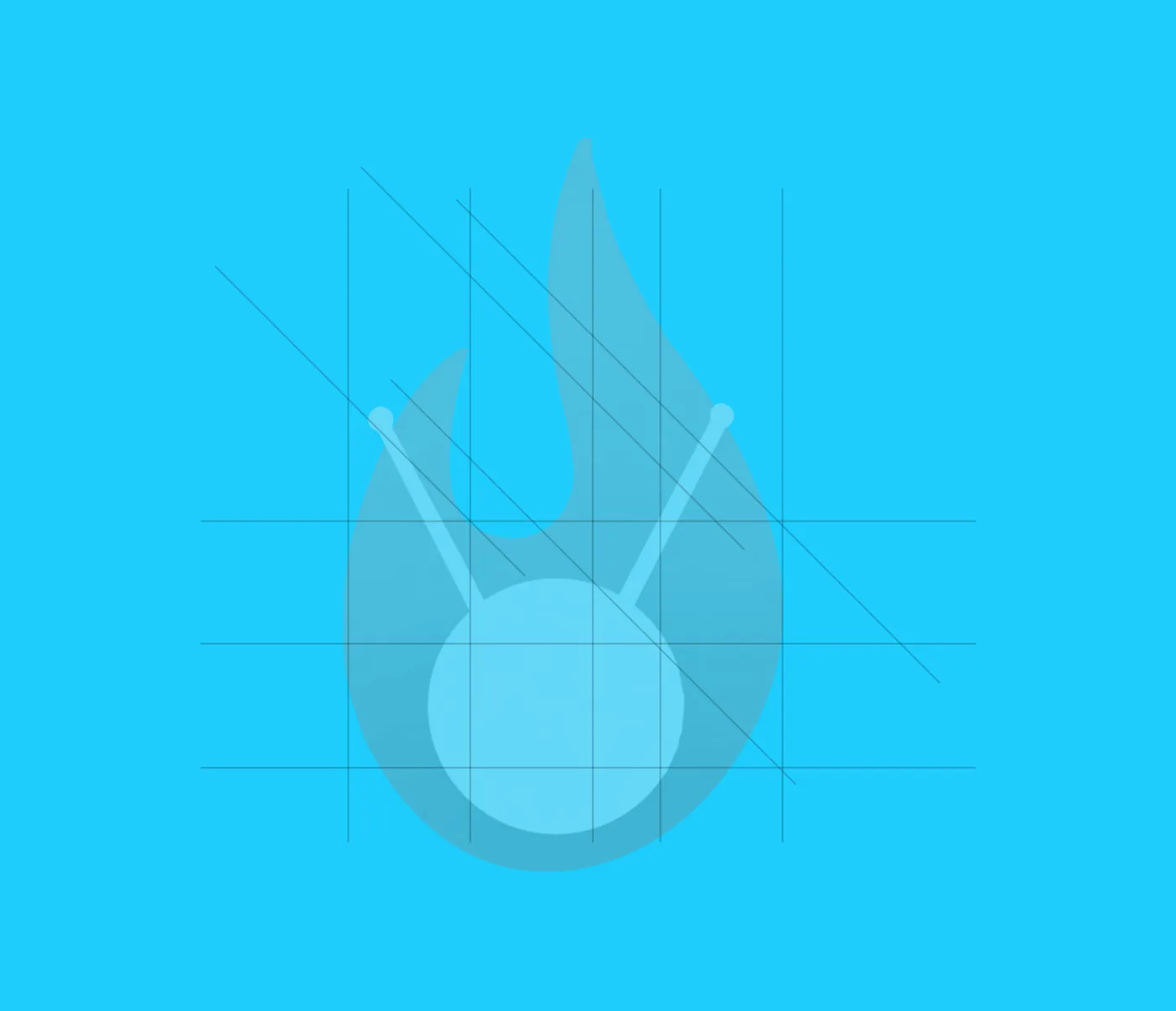 The FriedBot flame-and-node symbol drawn as construction geometry on blue: the same circles and angles, with the flame outlined
