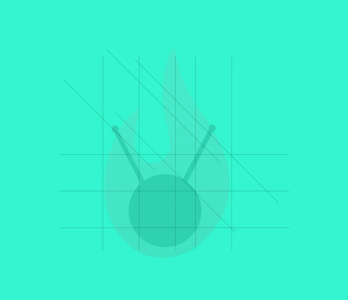 The FriedBot flame-and-node symbol drawn as construction geometry on green: circles and angled lines behind the flame