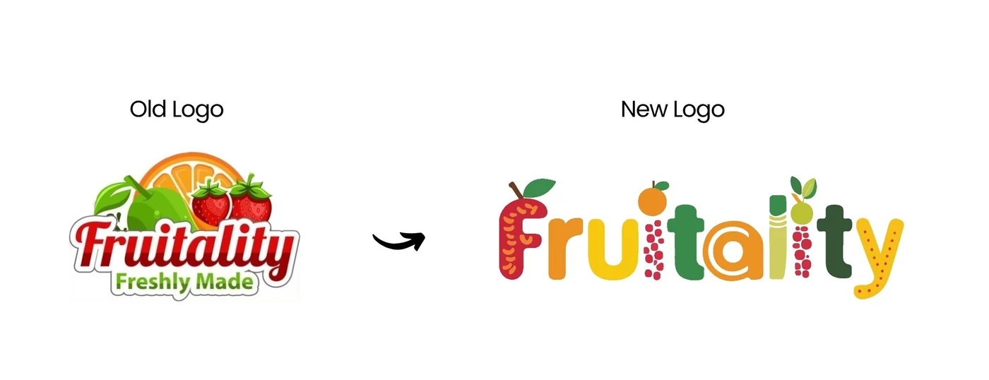 The Fruitality logo before and after: an old red script badge reading Freshly Made under orange and strawberries, and the new fruit-letter wordmark