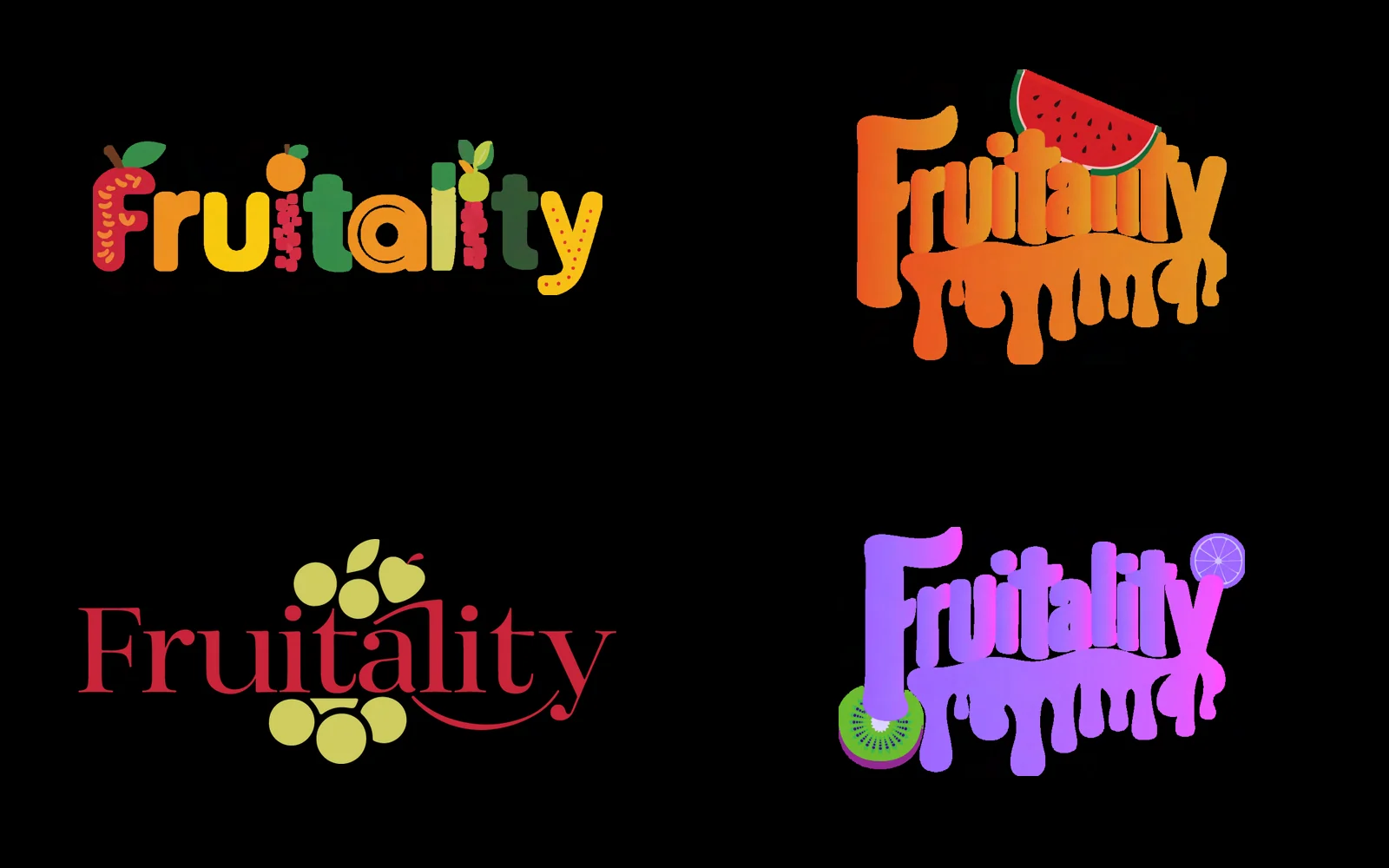 Four letterings of the Fruitality name on a dark card: the fruit-letter wordmark, an orange dripping version, a red serif script and a purple dripping version