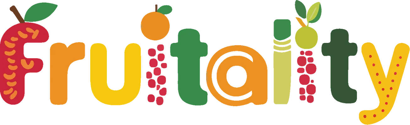 The Fruitality wordmark: each letter in a different fruit colour, with a leaf on the F, an orange for the dot of the i and speckles on the y