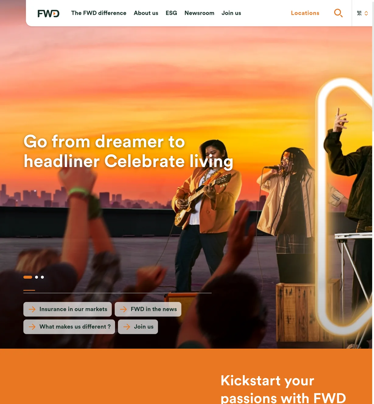 FWD home page: a rooftop concert at sunset under the line Go from dreamer to headliner, Celebrate living, with links to markets, news, the FWD story and jobs