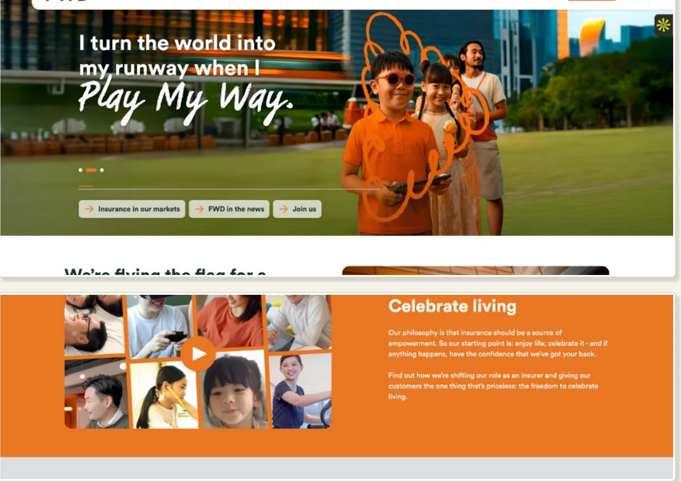 Another FWD home-page story: a family in orange under the line I turn the world into my runway when I Play My Way, above an orange Celebrate living section