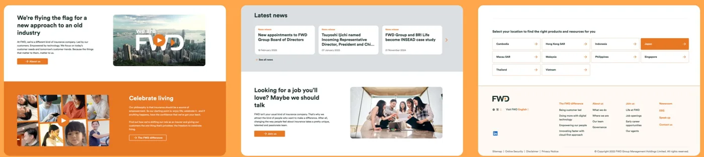 Three FWD website sections: the brand story and Celebrate living, the latest news with a careers invitation, and a location finder above the footer