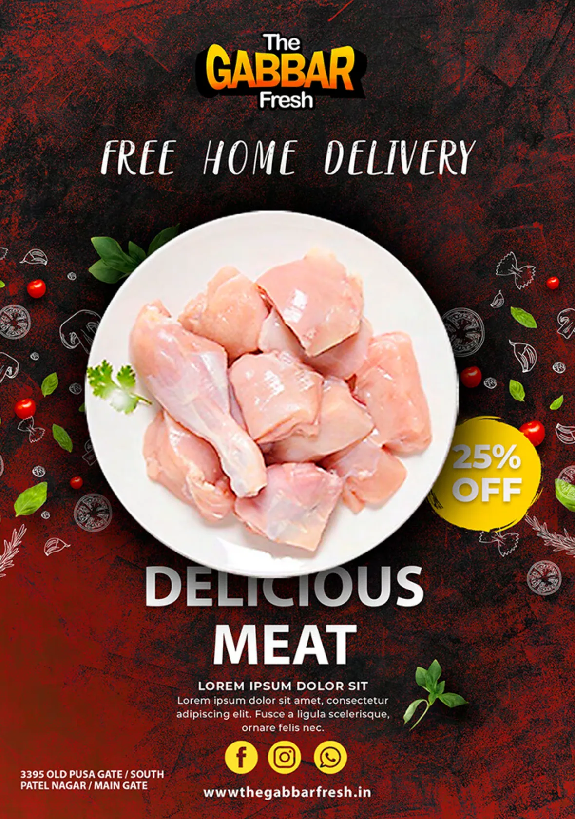 A The Gabbar Fresh poster: the logo above Free Home Delivery and a plate of fresh chicken on a dark red ground, with Delicious Meat below