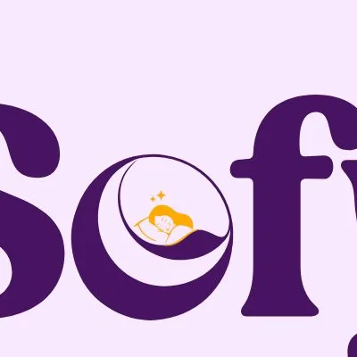 Close-up of the o in Sofy: a crescent moon cradling a small sleeping figure, with two stars