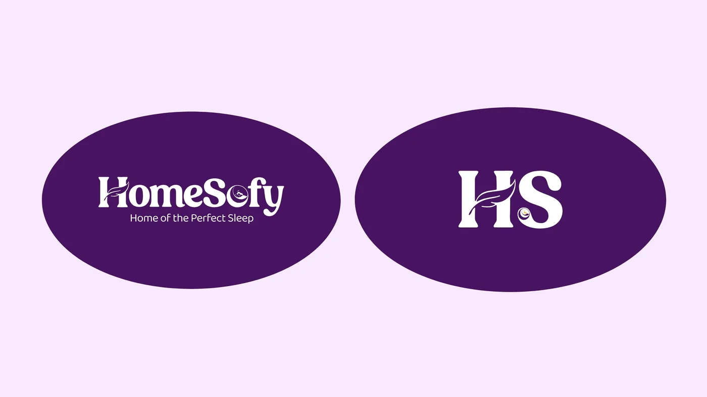 Two white HomeSofy lockups on purple ovals: the wordmark with its tagline, and the HS monogram